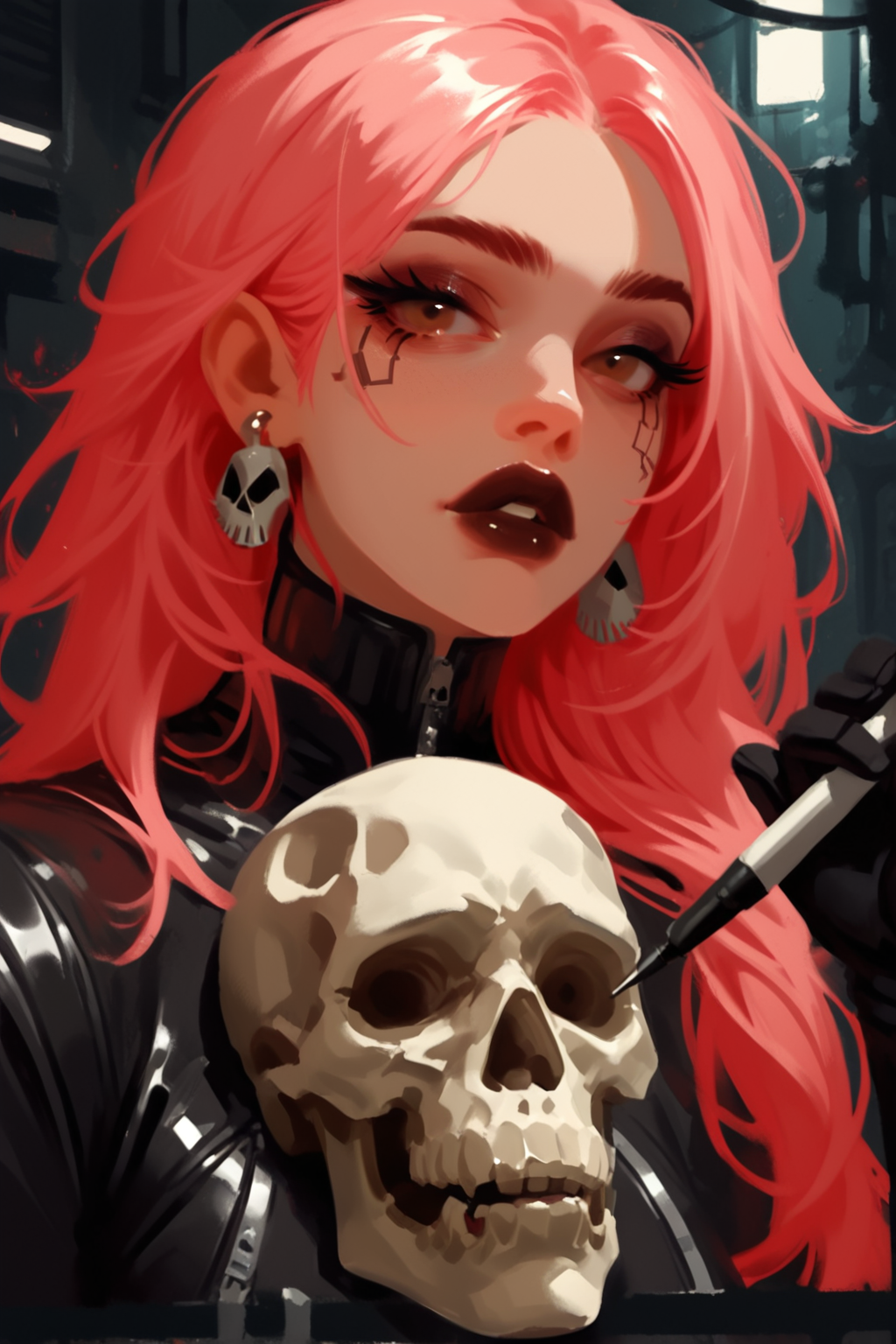 1girl, black lips, pink hair, long hair, makeup, looking at viewer, skull, solo, gloves, jewelry, earrings, cyberpunk, holding, lipstick, black gloves, upper body, tattoo, mascara, leather, bodysuit, zipper, eyeshadow, blurry, parted lips, mask, eyelashes, teeth, brown eyes, signature, pen, blurry background, artist name, zPDXL3,  PnyCmicXLPOS, detailxl,  (lineless, vector art:1.5)