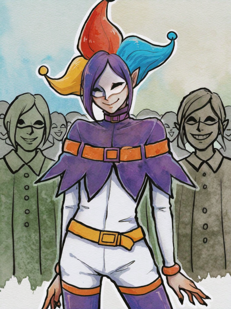 ILXLpos,VTWTR,watercolor \(medium\),painting \(medium\),joker,cowboy shot,smile,crowd,<lora:Joker (Rascal):0.8>,<lora:VitWater Style:0.8>