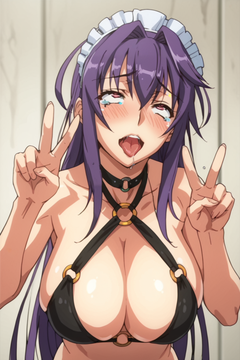 score_9, score_8_up, score_7_up, score_6_up, score_5_up, score_4_up, source_anime, mio hayasaki, 1girl, breasts, solo, purple hair, blush, long hair, large breasts, o-ring, tears, maid headdress, cleavage, purple eyes, o-ring top, ahegao, swimsuit, v sign, v<lora:EMS-468954-EMS:1.000000>