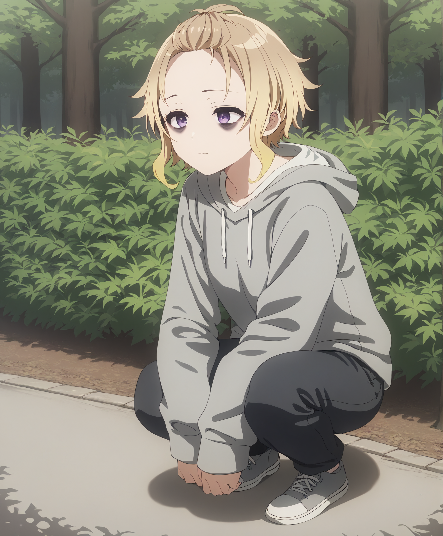 score_9, score_8_up, score_7_up, highres, hi res, best quality, masterpiece, 2d, intricate details, 4k, anime coloring, shadow, uncensored,
1girl, solo, female, short hair, shirt, blonde hair, purple eyes, multicolored hair, gradient hair, forehead, bangs pinned back, brown hair, sidelocks, bags under eyes, 
hoodie, grey hoodie, long sleeves, grey shirt, shirt, pants, 
cowboy shot, looking at another, squatting, 
outdoors, forest, bushes, branches, foliage, <lora:Mirei_Asaka1024_Pony:1>
