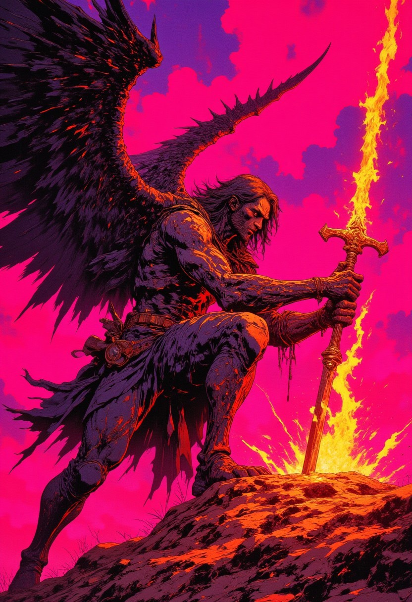 A fallen angel plunging his flaming sword into the ground.Magenta flames, Never again shall gods light illuminate,a sky ablaze in crimson, shirtless with a battle scarred chest,highly detailed, cinemascope, moody, epic, gorgeous, film grain, grainy,anime, cyberpunk, Comic book style, CAICO