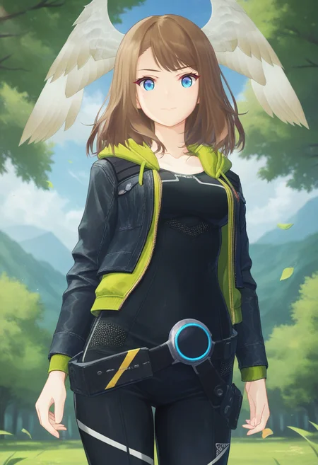 score_9, score_8_up, score_7_up, 1girl, solo, leather jacket, black bodysuit, belt, eunie, blue eyes, medium hair, head wings, outdoors<lora:eunie xl 019 fro 96:1>
