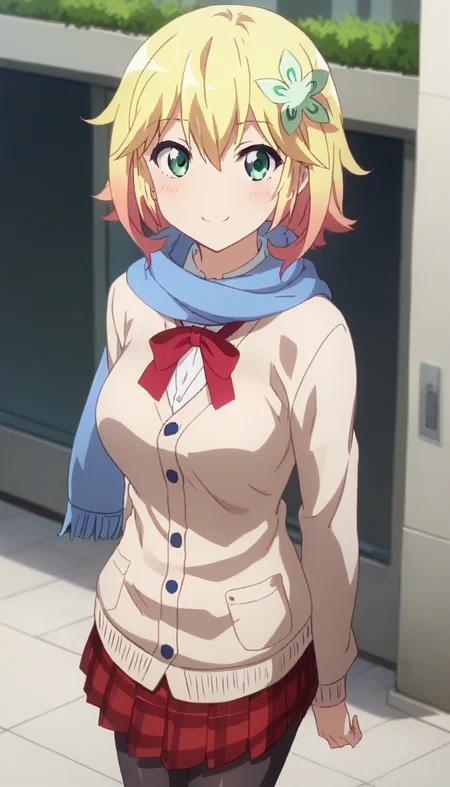 score_9,score_8_up,score_7_up,score_6_up BREAK official art,solo,outdoors,cowboy shot,looking at viewer,facing viewer,smile,blush,Tapris Sugarbell Chisaki,short hair,two-tone hair,blonde hair,hair ornament,hair flower,green flower,hair between eyes,parted bangs,green eyes,blue scarf,beige cardigan,red ribbon,collared shirt,white shirt,medium breasts,red skirt,plaid skirt,pleated skirt,black pantyhose,loafers,<lora:Tapris Sugarbell Chisaki(gd)-Pony:1.4>,