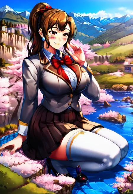 score_9, score_8_up, score_9_up, masterpiece, high quality, highly detailed, clean face, 1woman, 1girl, solo, shiny skin, soft focus, ray tracing, (ultradetailed background), (detailed face:1.2), ultradetailed face, mother_sv, brown hair, ponytail, skirt, shirt, thighhighs, long sleeves, bow, ribbon, cute, eyelashes, school uniform, jacket, hair ribbon, white shirt, pleated skirt, collared shirt, miniskirt, bowtie, black skirt, white thighhighs, red ribbon,blazer, white jacket, red bowtie, grey jacket, black heels shoes, no chibi, f<lora:(p)NiceNature:1> <lora:loraeyesxl:0.5>, larger than mountains, towering over mountains, bigger than mountains, taller than mountains, big breasts, giantess full body shots, giantess, giant, goddess, divine goddess, size difference, confident, slight smile, closed mouth, blushing, long legs, extremely beautiful, sexy, scenery, holding a city, scared tiny people, cherry blossom background, mountain valley landscape, cherry blossom forest, blue sky, mountains, fantasy, landscape, <lora:giantess:1>, sitting on ass, forest, lake of water, giga giantess, gts, cliff, giantess sitting on mountain cliff, water ripples, looking down, positioned at a the right side, gorgeous lips, cinematic, (masterpiece), (best quality), (ultra-detailed), very aesthetic, perfect composition, intricate details, absurdres, detailed face, (anime, masterpiece, intricate:1.3), (best quality, hires textures, high detail:1.2),