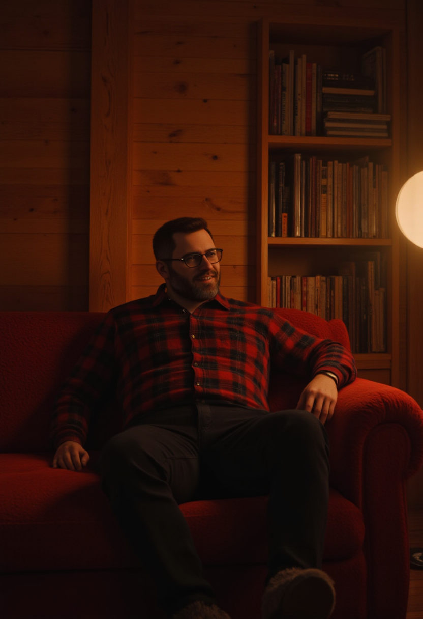 Photorealistic, cozy interior scene. ThomLDR, a 30-year-old man, distinguished by a robust build, broad shoulders, short dark hair, and a dark beard, is comfortably seated on a plush red sofa within a wooden cabin. He is wearing a red and black plaid winter fleece shirt, black winter trousers, and brown fleece slippers. With glasses on, he offers a warm smile directly to the viewer. A warm floor lamp stands nearby, its light shining directly onto ThomLDR, illuminating him and his immediate surroundings. Behind him, a tall wooden bookshelf is densely packed with books. The overall atmosphere is one of profound coziness, warmth, and safety, with the gentle illumination from the lamp accentuating the intimate feel of the wooden interior.<lora:Thom_from_Love_Death_Robots_v1.0:1>