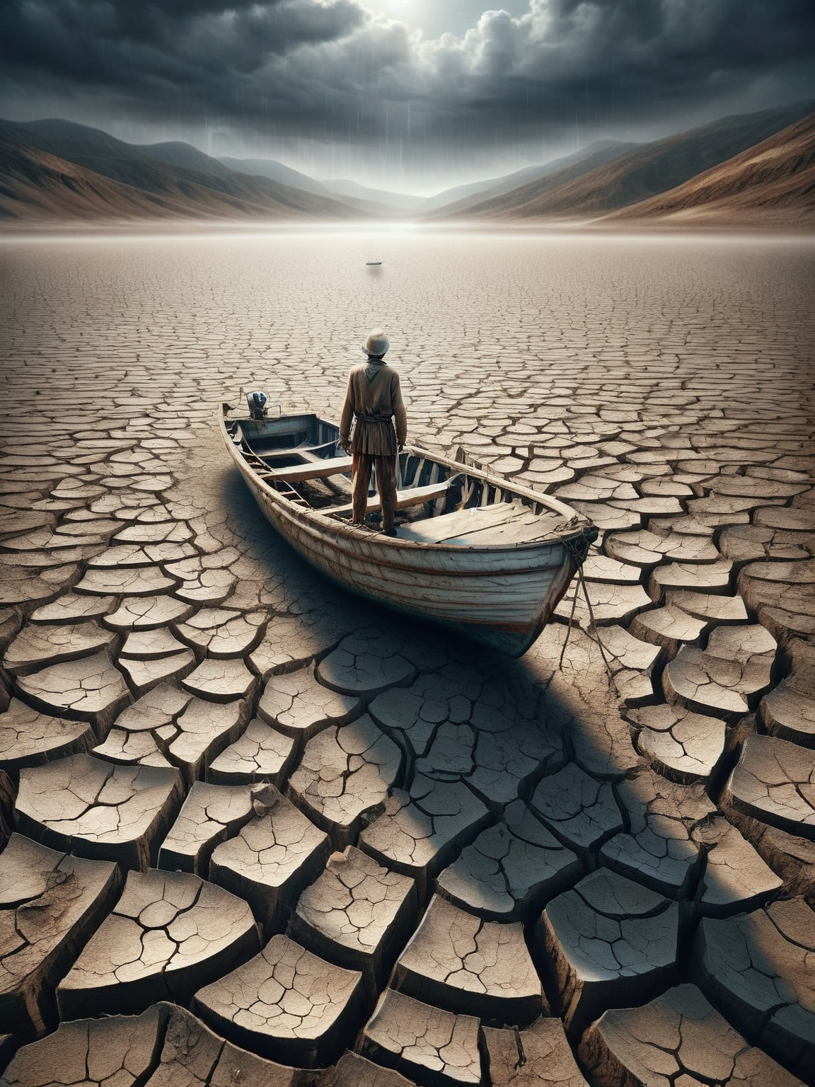 A solitary figure sailing a boat over ais-prchd cracked earth, a metaphorical search for hope in a lost world <lora:ais-prchd-sdxl:1>