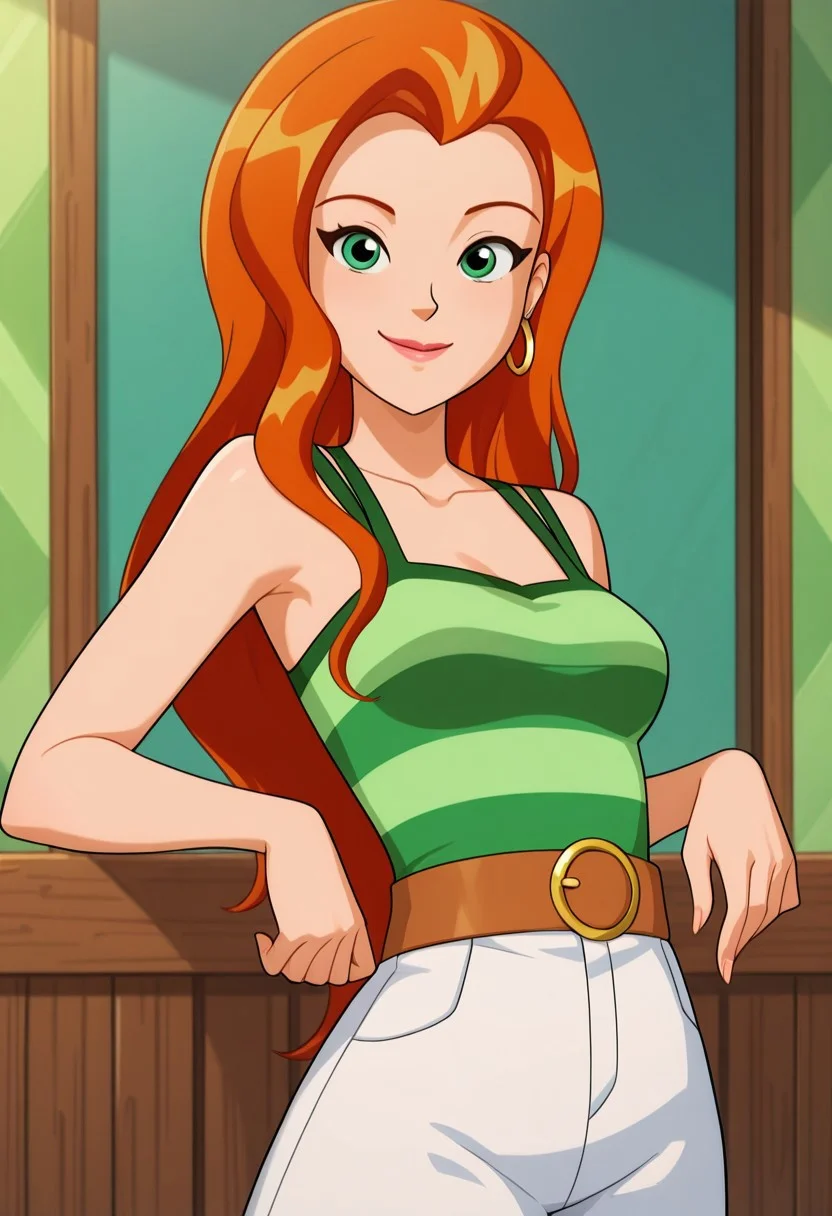 masterpiece, best quality, good quality, 1girl, solo, cartoon, totally_spies_2k24, sam, orange hair, long hair, green eyes, hoop earrings, green-striped tank top, white pants, brown belt, sexy, medium breasts, beautiful, detailed, high detailed, very beautiful, detailed face, detailed eyes, detailed hand, fingernails, abstract background, neon, smile, posing, pose, looking at viewer, face focus