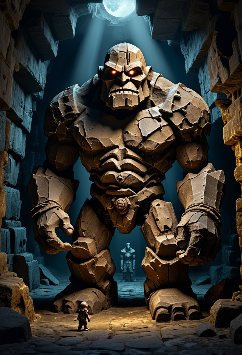 award winning, (professional photo) of (towering golem made of bronze), cute size,  with an enchanted amulet, set in  an ancient dark cavern, with timeworn walls, mysterious markings, a sense of history, under the moonlight, , creative, beautiful, vibrant, masterpiece, 64k, UHD, HDR, full view, atmospheric lighting, extremely detailed