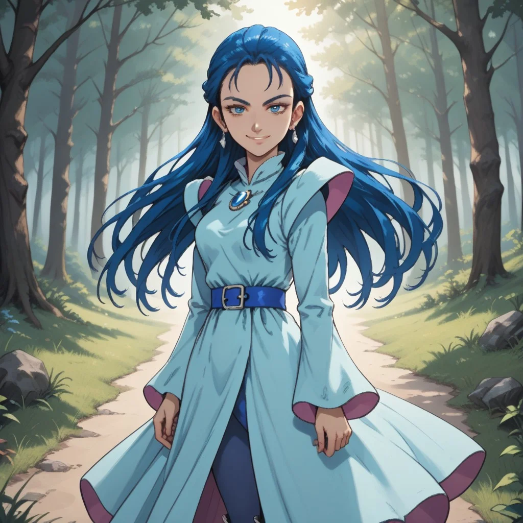 score_9, score_8, BREAK, solo, Kiryuu_Kaoru_(Pretty_Cure), 1girl, blue hair, long hair, forehead, blue eyes, eyelashes, blue earings, jewelry, light blue dress, long sleeves, juliet sleeves, brooch, blue belt, blue pantyhose, white boots, white footwear, self portrait, smile, looking at viewer, outdoors, sunlight, shadows, evening lighting, natural lighting, forest, trees, grass, orange sky, sunset