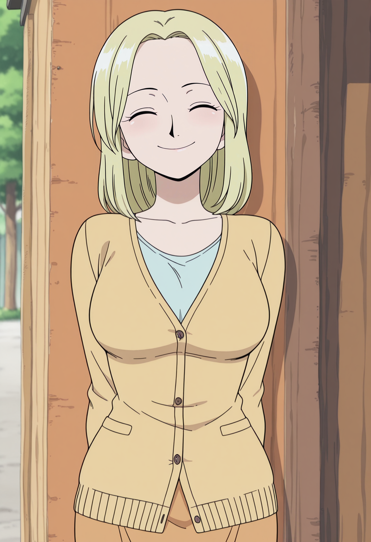 1girl,solo,mm,mature female,blonde hair,black eyes,breasts,anime coloring,
shirt,skirt,cardigan, arms behind back, closed eyes, smile,outdoors
,masterpiece,best quality,amazing quality,<lora:Kaya-One_Piece:0.8>