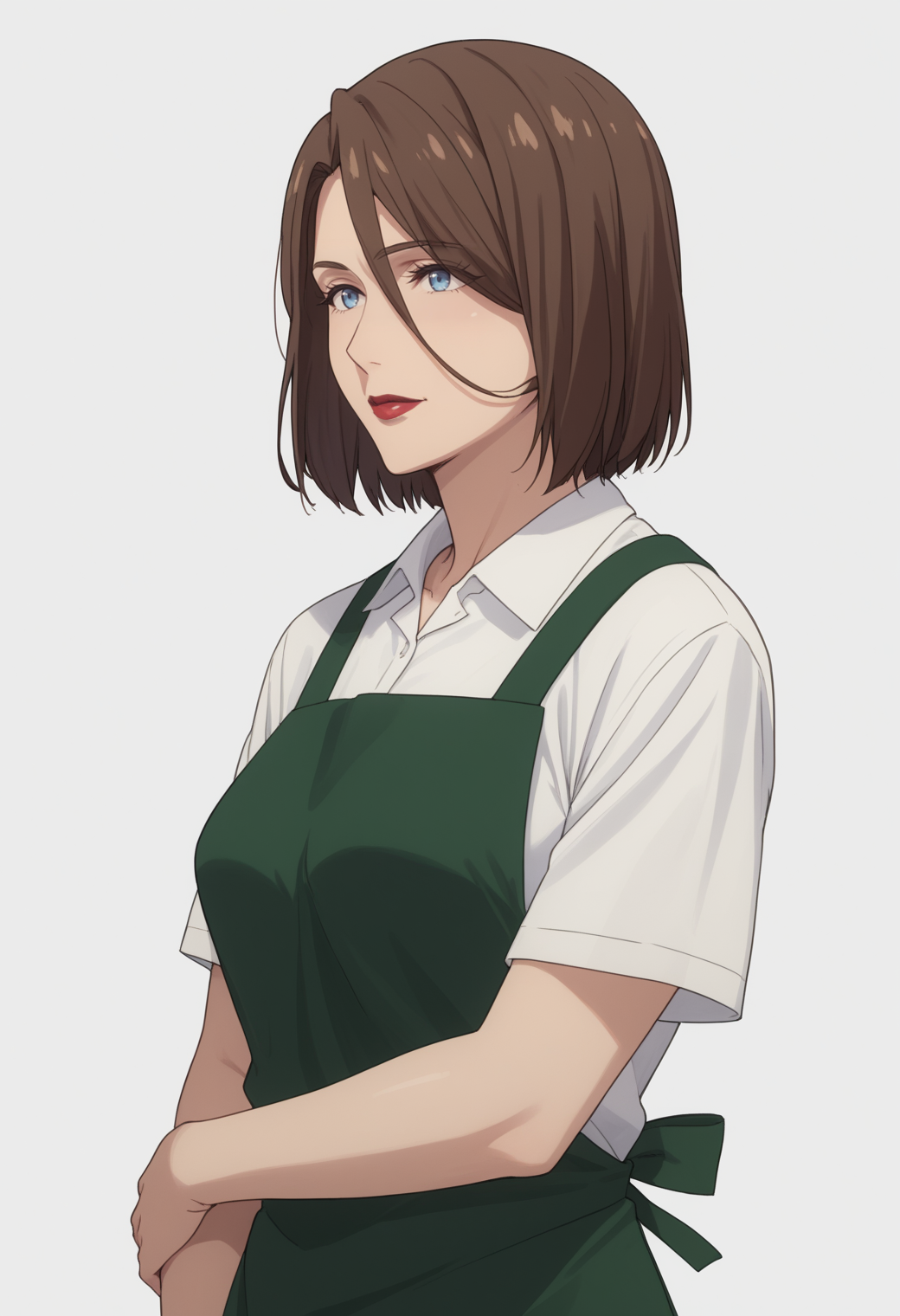 score_9, score_8_up, score_7_up, source_anime, white white background,   BREAK, 1girl, solo,   <lora:DX888YumikaRaiha:1>,sakuraba yumika, brown hair, blue eyes, lipstick, mature female, bob cut,  green apron, white shirt