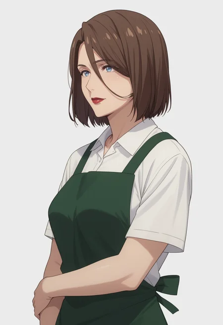score_9, score_8_up, score_7_up, source_anime, white white background,   BREAK, 1girl, solo,   <lora:DX888YumikaRaiha:1>,sakuraba yumika, brown hair, blue eyes, lipstick, mature female, bob cut,  green apron, white shirt