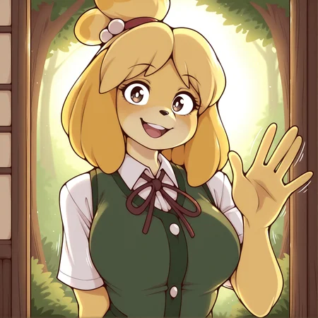 masterpiece, best quality, amazing quality, bymarikstyle,furry,furry female,1girl,solo,isabelle,white shirt, green vest, looking at viewer, waving at viewer<lora:Marik_Azemus_Style_v2:1.2>