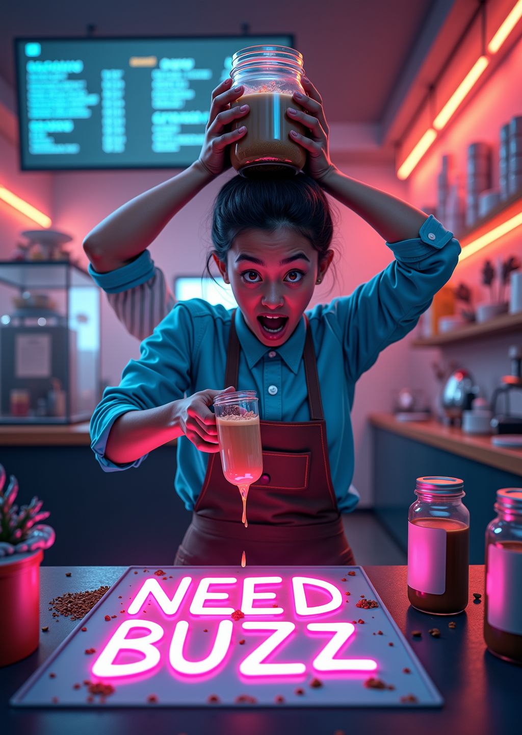 NEED BUZZ! A realistic, clumsy barista in a futuristic coffee shop, spilling a glowing neon latte while trying to balance a stack of tip jars on their head. The barista has a comically panicked expression, with coffee splattering everywhere, and the text 'NEED BUZZ' is written in frothy latte art on the counter, glowing faintly in neon hues. The shop has a quirky cyberpunk vibe with holographic menus and buzzing drones delivering orders