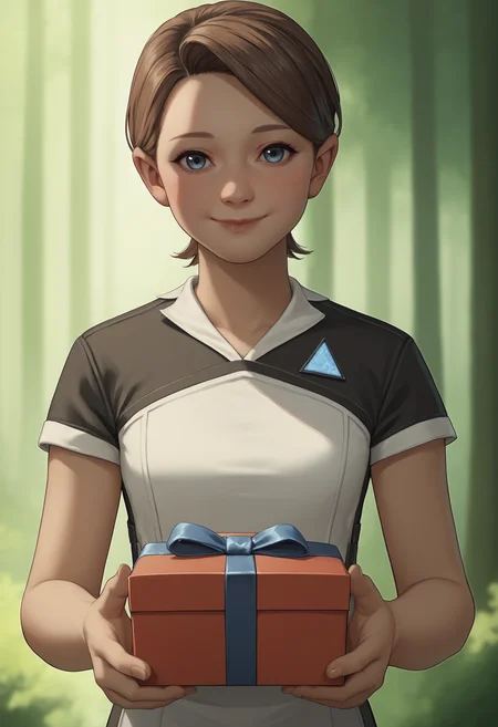 score_9, score_8_up, score_7_up, score_6_up, score_5_up, score_4_up, 1girl, <lora:KaraDBH:0.85> solo, short hair, brown hair, blue eyes, lips, black and white dress, pants, short sleeves, upper body, looking at viewer, smile, blush, holding gift box, 
(forest background),
