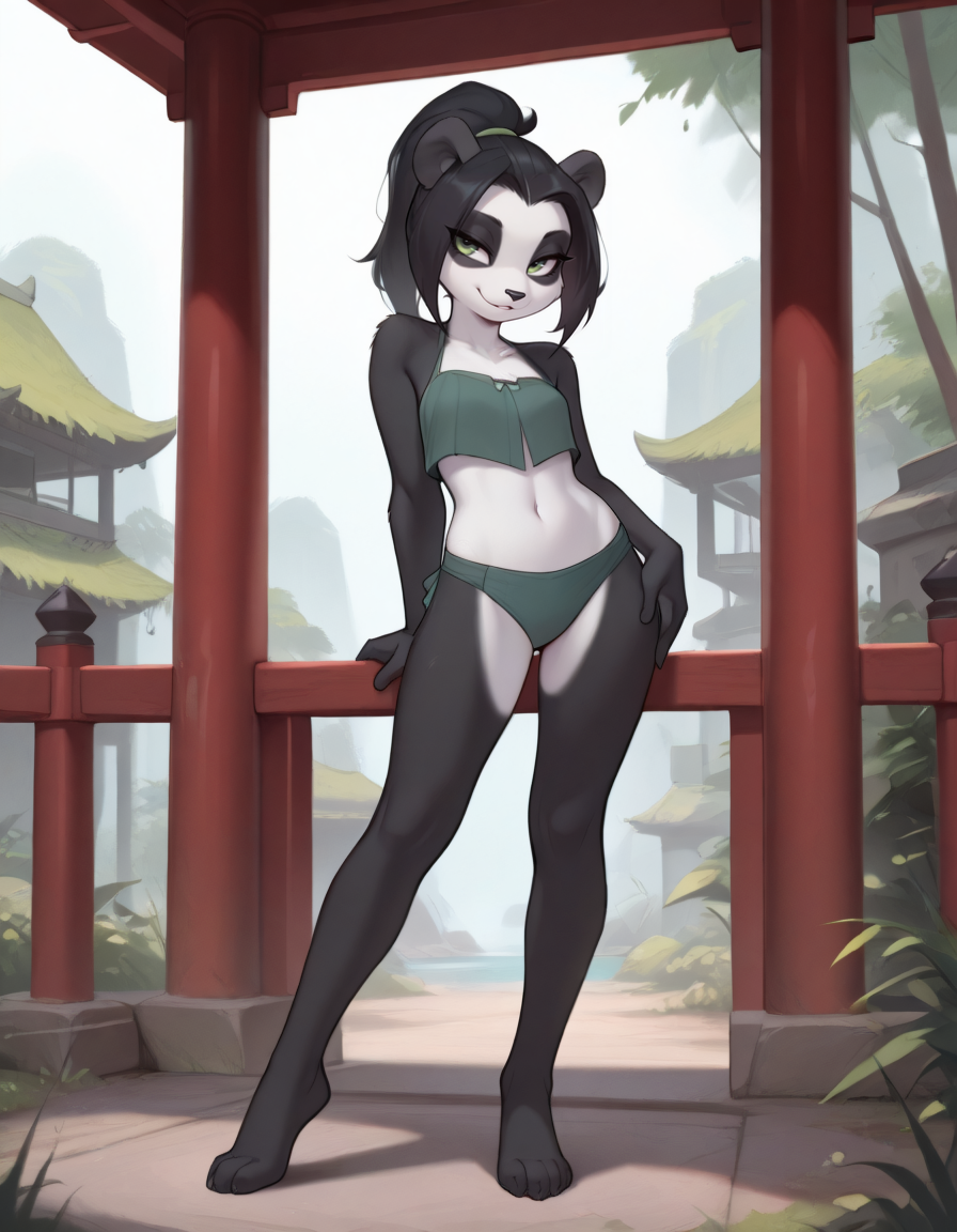 masterpiece, best quality,
outdoors,
full body,seductive smile,parted lips,long eyelashes,
standing, pose,
 <lora:Li Li_v01_ILXL:1>,
L1L1,1girl,solo,furry female,panda ears,black hair,long hair,ponytail,green eyes,animal nose,body fur,two tone fur,black fur,white fur,