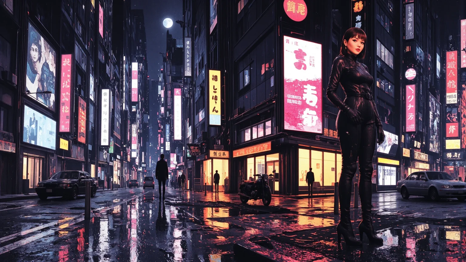 buzz cut chestnut hair young cyberpunk woman, anime, illustration, cyberpunk, futuristic, extremely detailed, portrait, standing, happy smile, beautiful cyberpunk tokyo buildings landscape, wet floor, windows, car, motorbike, moon in the sky, bright neon lights, screen holograms, kanjis, raytracing, hdr, high contrast, cinematic lights, backlight, reflections, legs, heels, sharp focus, luminous Cloud Burst Blue robot glossy brilliant armor, body lights, body circuits, glossy lipstick, necklace, wave earrings, colorful, retrowave, shadows, vibrant colors, colorful, bright, pretty, beautiful, feminine, sexy, lovely, in love, adorable, fashion, <lora:Hand v2:1> <lora:Anti-Blur:2> <lora:Insane Detail Slider:0.5> <lora:flux.1_lora_flyway_Epic-detail_v2:0.3><lora:fluxenhancer:0.5> <lora:RetroAnimeFluxV1:0.3> <lora:CPA:0.6> <lora:Luminous_Shadowscape:0.3> <lora:Neon_Noir_FLUX:0.4> mad-neon-noir <lora:bv-cybstyenh-v1_rank16_bf16:0.3>