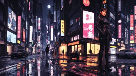 buzz cut chestnut hair young cyberpunk woman, anime, illustration, cyberpunk, futuristic, extremely detailed, portrait, standing, happy smile, beautiful cyberpunk tokyo buildings landscape, wet floor, windows, car, motorbike, moon in the sky, bright neon lights, screen holograms, kanjis, raytracing, hdr, high contrast, cinematic lights, backlight, reflections, legs, heels, sharp focus, luminous Cloud Burst Blue robot glossy brilliant armor, body lights, body circuits, glossy lipstick, necklace, wave earrings, colorful, retrowave, shadows, vibrant colors, colorful, bright, pretty, beautiful, feminine, sexy, lovely, in love, adorable, fashion, <lora:Hand v2:1> <lora:Anti-Blur:2> <lora:Insane Detail Slider:0.5> <lora:flux.1_lora_flyway_Epic-detail_v2:0.3><lora:fluxenhancer:0.5> <lora:RetroAnimeFluxV1:0.3> <lora:CPA:0.6> <lora:Luminous_Shadowscape:0.3> <lora:Neon_Noir_FLUX:0.4> mad-neon-noir <lora:bv-cybstyenh-v1_rank16_bf16:0.3>