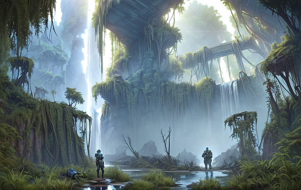 2wimen, 2men, (science fiction (explorer outfit:1.1)) standing in front of waterfall, shallow water, (overgrown:1.16) ruins in background, 
 <lora:Wasteland:0.75> Wasteland, the, and, with, wasteland, (intricate detailed background:1.1),
(wide angle:0.8), perfect lighting, early morning light, blue soft light,