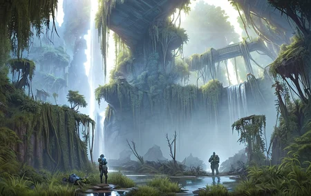 2wimen, 2men, (science fiction (explorer outfit:1.1)) standing in front of waterfall, shallow water, (overgrown:1.16) ruins in background, 
 <lora:Wasteland:0.75> Wasteland, the, and, with, wasteland, (intricate detailed background:1.1),
(wide angle:0.8), perfect lighting, early morning light, blue soft light,
