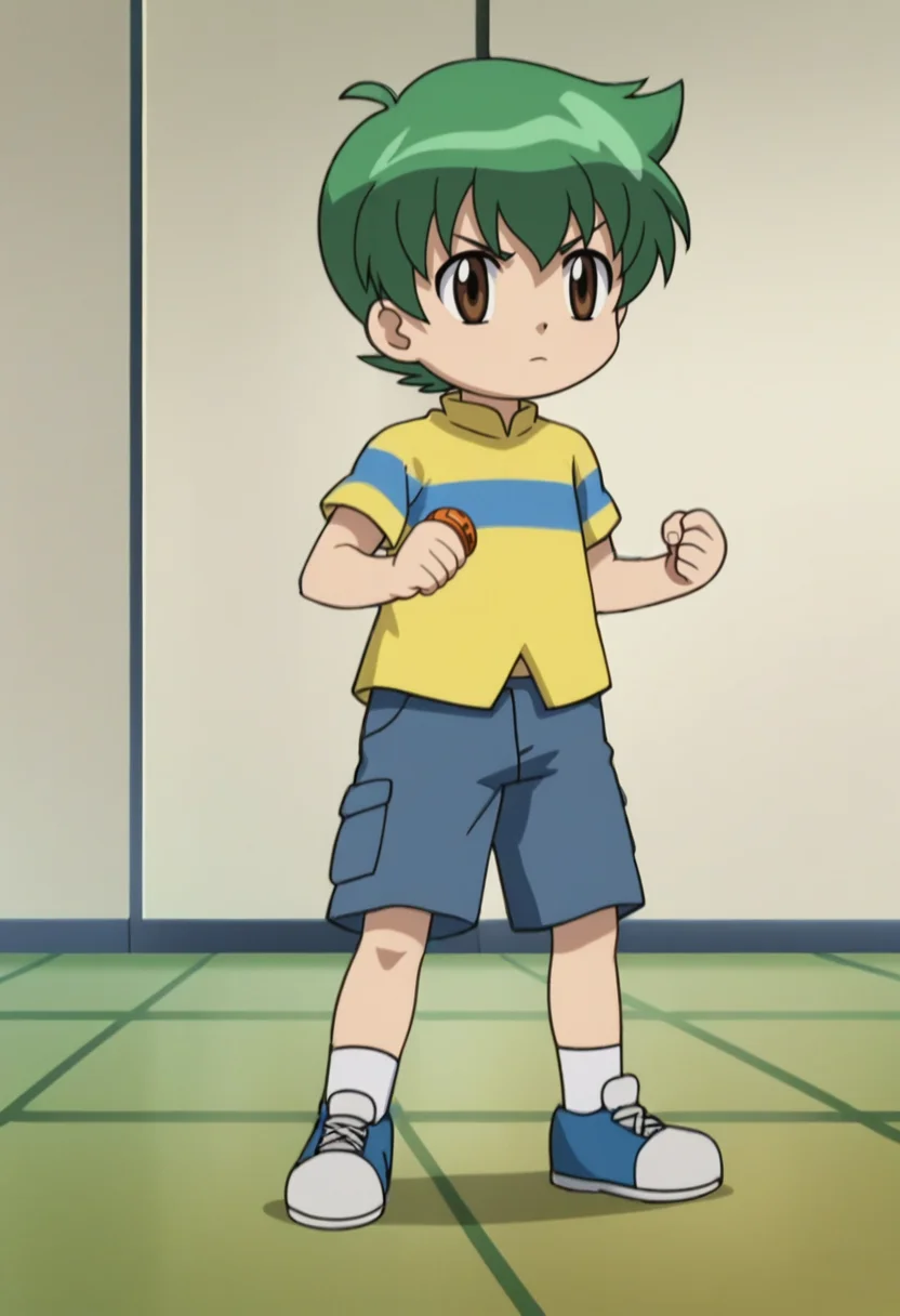 source_anime,anime screencap, anime coloring,intricate details,rating_safe, masterpiece, best quality,
(best quality, absurd res, ultra detailed),,(4 finger:0.5),1girl, ((solo)), good eyes,perfect eyes,,detailed eyes, zPDXLxxx , zPDXL3, ,detailed, detailed face
BREAK
solo,indoors,standing, full body, serious, fighting stance,
kenta, 1boy, child, male child, brown eyes, green hair, shorts, striped shirt, short sleeves, shoes
, <lora:add-detail-xl:2>   <lora:Kenta_Yumiya:0.8>