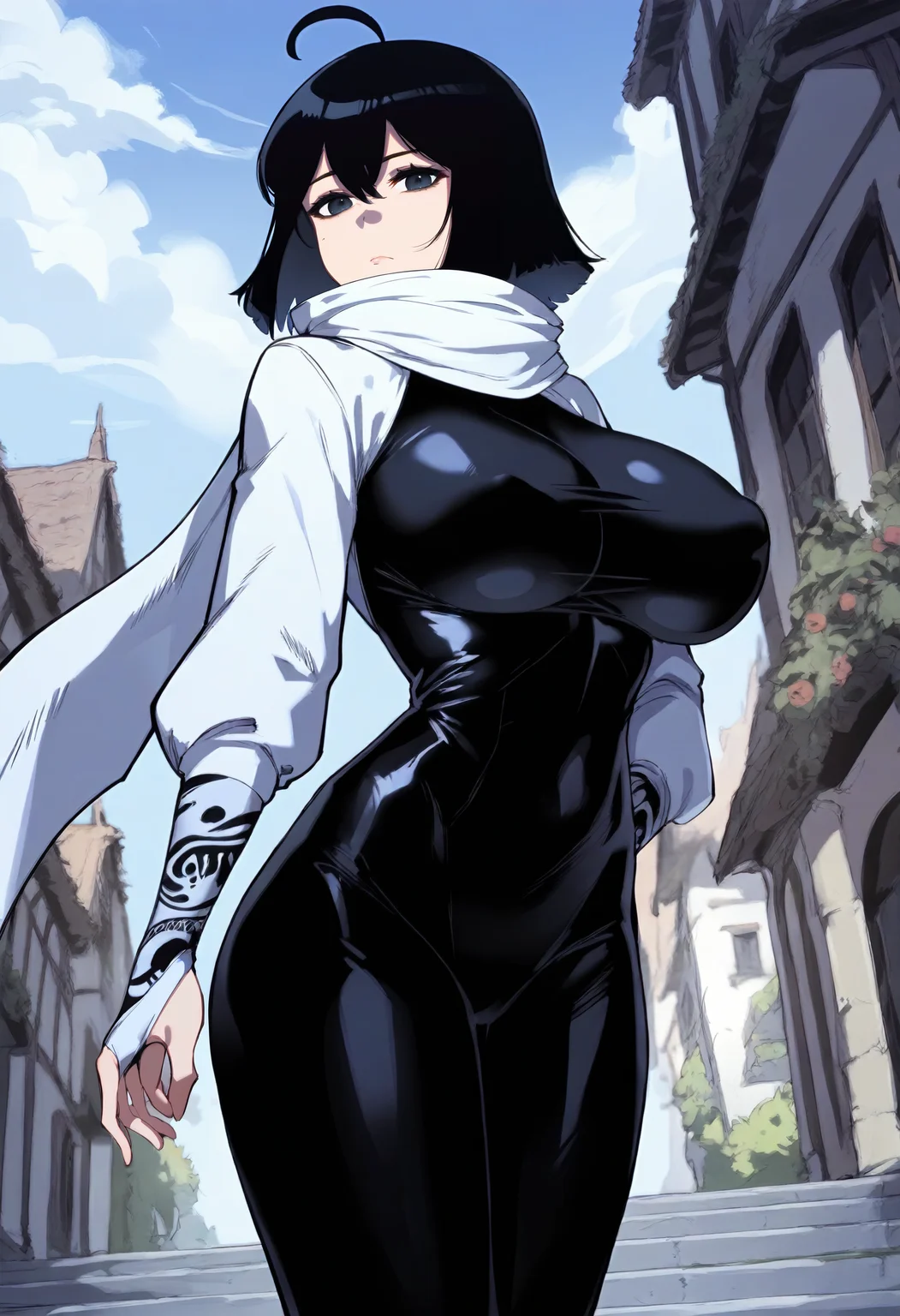 score_9, score_8_up, score_7_up, score_6_up, source_anime, rating_explicit, 1girl, solo, huge breasts, <lora:Yona Runcandel prefectPonyxl:0.9> ahoge, black hair, short hair, black eyes, grey eyes, blue eyes, white scarf, white jakcet, black bodysuit, skin tight, covered navel, long sleeves, bridal gauntlets, tattoo gauntlets, expressionless, village, outdoors, looking at viewer