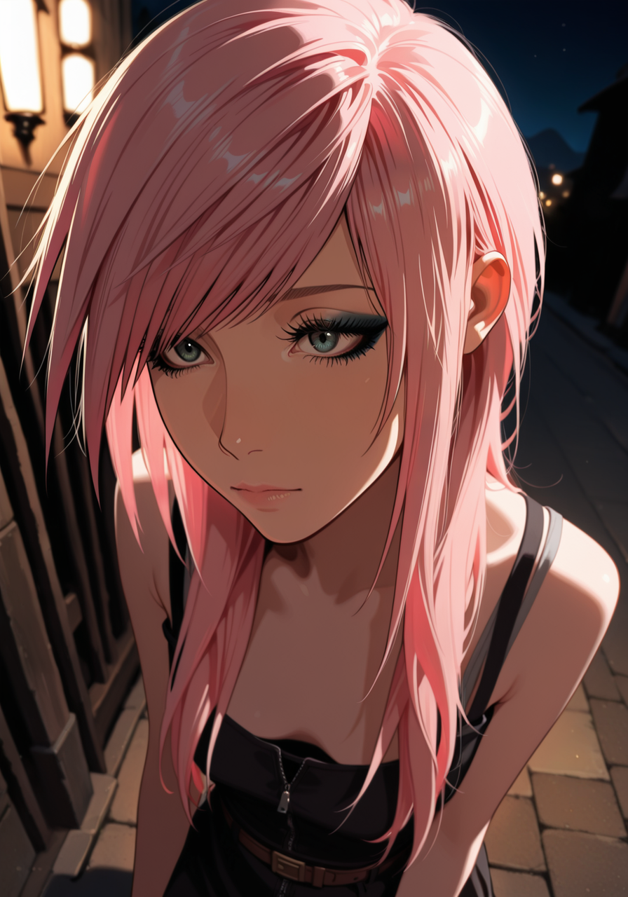 embedding:IllusP0s, ((scenequ33n, angled bangs, long hair)), eyelashes, eyeliner, high angle, claire farron_\(final fantasy\), pink hair, outdoors, night, 1girl, solo,<lora:scenequ33n_ill.safetensors:1.0:1.0>