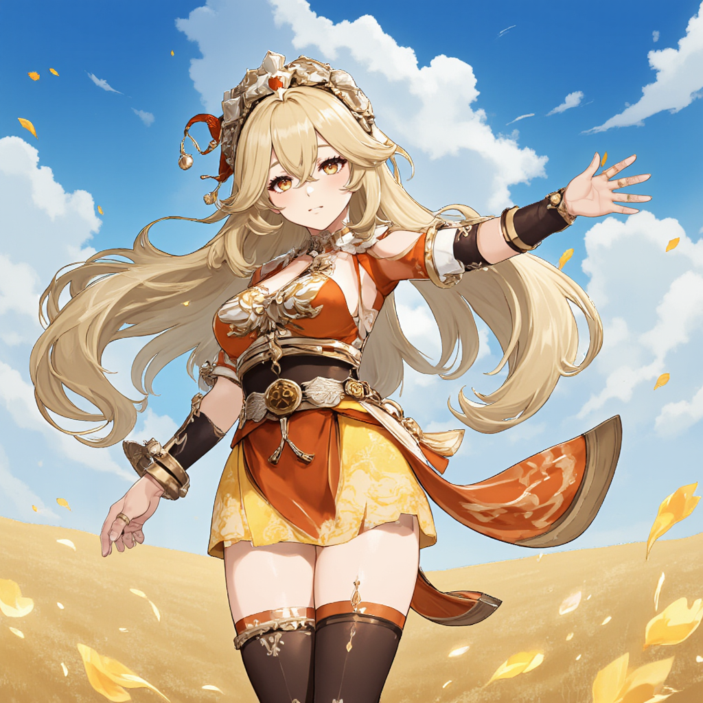 <lora:FLUXHoyoverse_art_style:1> hvstyle,  <lora:Hand v2:1> hand, detailed hand, perfect hand, 4K anime style quality, digital drawing mode, javanese-themed female character, long flowing crystal clear hair with soft curls, glowing hazel eyes, wearing a modern kebaya attire with a rough, messy design, standing in a sunny, open field of battlefield, radiant skin with a sun-kissed glow, loyal and determine expression, full body, dynamic pose as she reaches out to war, life size, perfect anatomy, detailed skin texture, full HD, 4K, HDR, perfect anatomy, depth of field