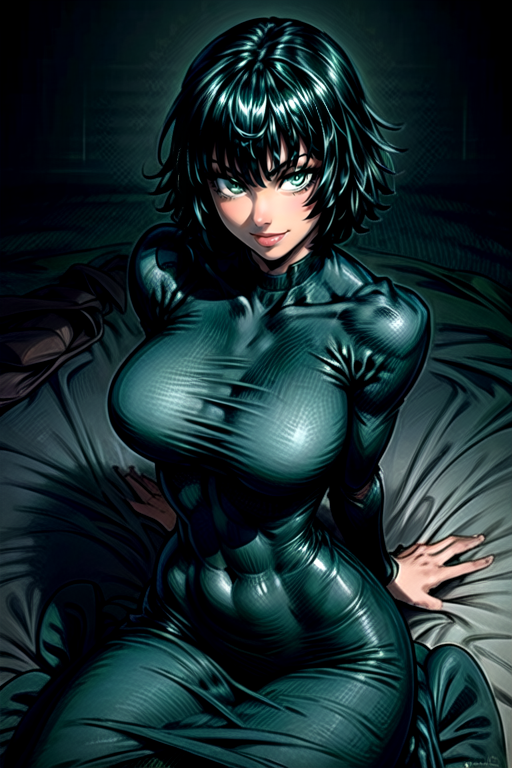best quality, masterpiece <lora:Fubuki2:1> <lora:more_details:1> fubuki2, 1girl, solo, breasts, looking at viewer, smile, short hair, bangs, large breasts, black hair, long sleeves, dress, sitting, green eyes, artist name, black dress, covered navel, arm support, on bed, hand on own chest, green dress, impossible clothes, taut clothes, taut dress