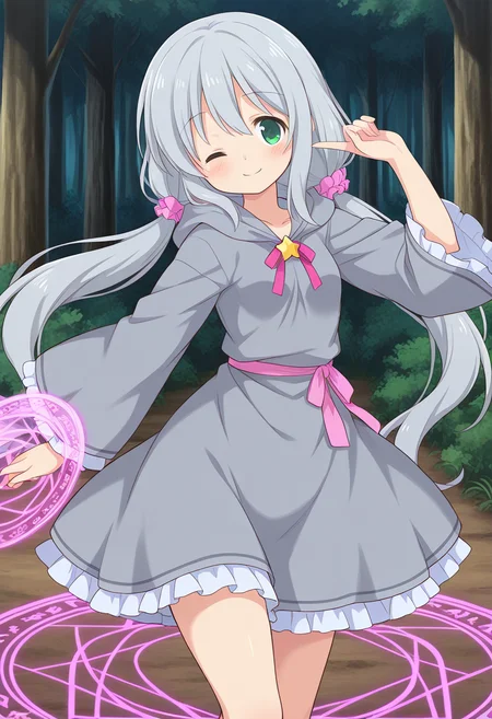 1girl, solo, lalaciellalanciel, grey hair, low twintails, hair scrunchie, green eyes, grey hooded robe, wide sleeves, mage outfit, star pendant, wink, confident smile, dynamic pose, outdoors, forest, magic circle, spell,