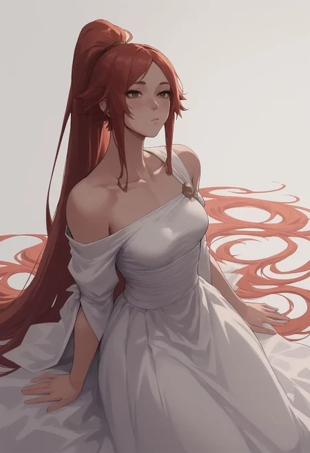 score_9, score_8_up, score_8, rating_explicit, very tall girl, slim build, long hair in high ponytail, red hair, straight hair, ((pale skin)), small breasts, brown eyes, narrow arms, One-shoulder draped gown, white dress, long dress, ((fully clothed)),