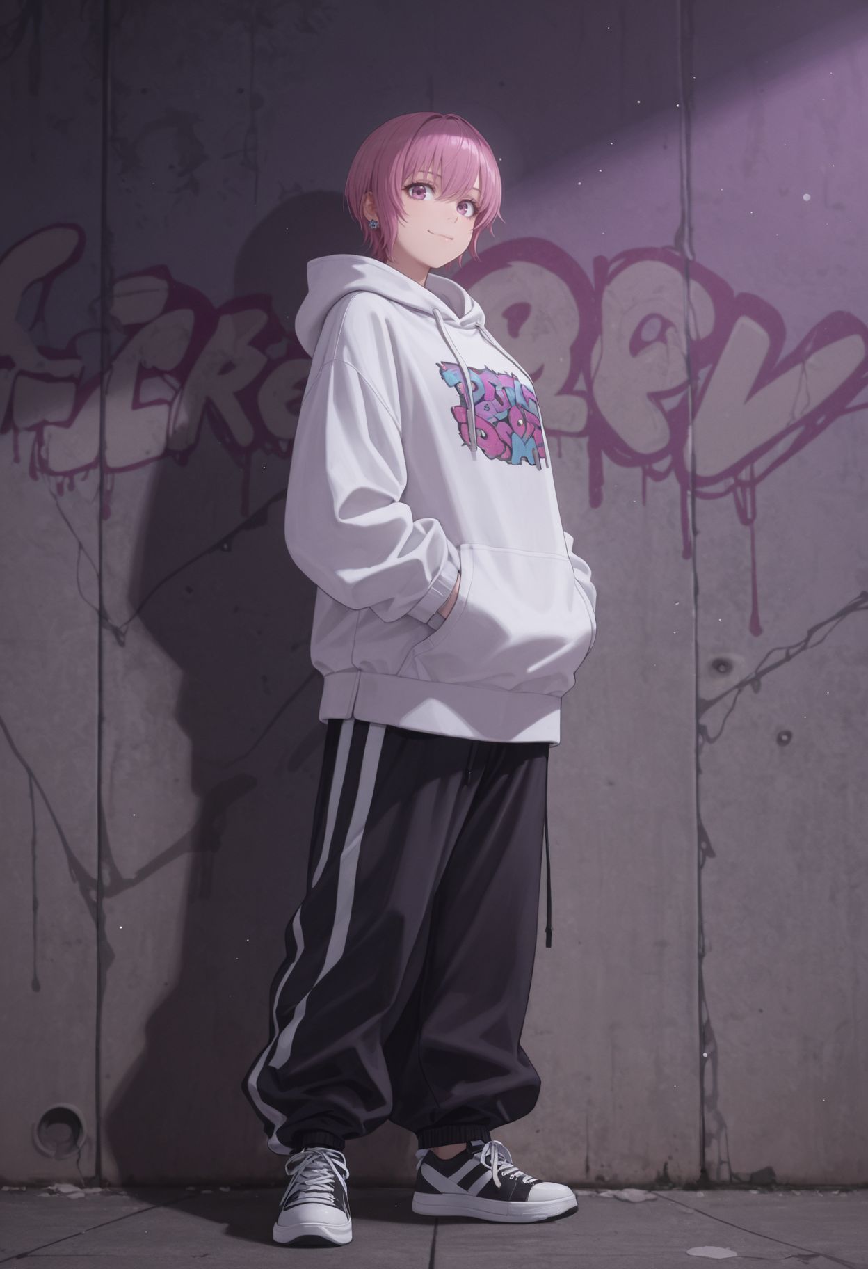 masterpiece,best quality,absurdres,highres,very aesthetic,high quality,detailed,insanely detailed,beautiful,perfect lighting, ,depth of field,blurry background,bokeh, looking at viewer, 
,  <lora:Sakuragi Naruha Illu :1> 1girl, short hair, pink hair, purple eyes, urban and street style, graffiti-inspired colors, cool and edgy attire, baggy pants, oversized hoodie, stylish sneakers, fashionable accessories, hip hop jewelry, confident expression, graffiti walls, energetic and vibrant atmosphere