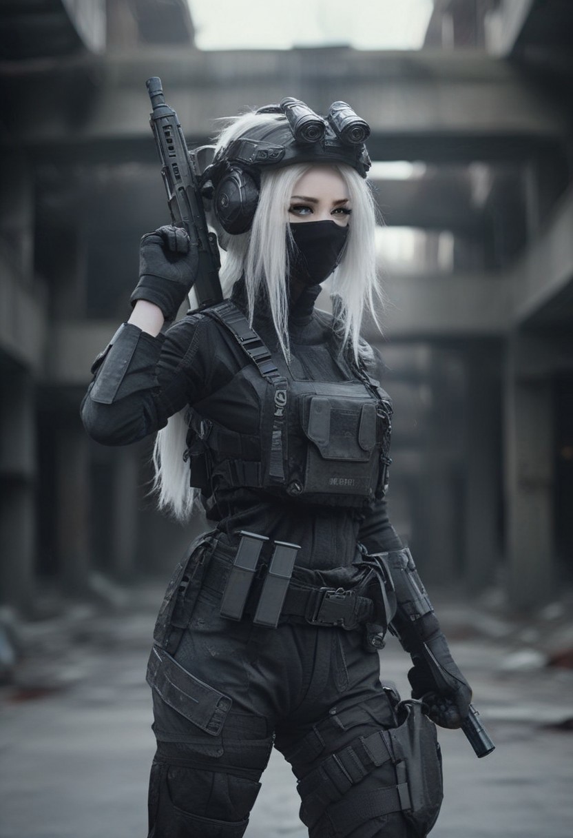 masterpiece,best quality,amazing quality, A vibrant CGI image features a cyborg with helmet, energy weapon, rich in ink and blood splatter and creating a dark, unsettling atmosphere, structure in background, closed eyes, belt, 1girl, gun, weapon, mask, solo, white hair, gloves, assault rifle, rifle, blurry background easynegative, ng_deepnegative_v1_75t