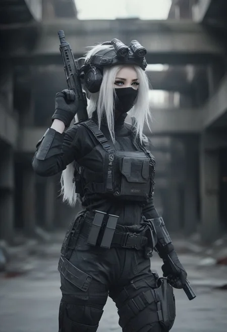 masterpiece,best quality,amazing quality, A vibrant CGI image features a cyborg with helmet, energy weapon, rich in ink and blood splatter and creating a dark, unsettling atmosphere, structure in background, closed eyes, belt, 1girl, gun, weapon, mask, solo, white hair, gloves, assault rifle, rifle, blurry background easynegative, ng_deepnegative_v1_75t