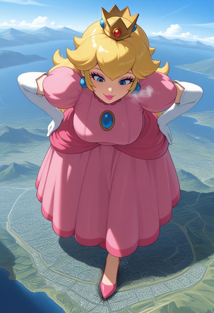, giantess, full body view, foreshortening, foreshortening, Giantess,, giantess, from above, best quality, absurdres, 1girl, solo, hips, leaning forward, presenting foot, foot fetish, naughty smile
score_9,score_8_up,score_7_up,score_6_up , BREAK , makeup, lips, lipstick
from above, 
extremely gigantic, really tall,steamy breath, steamy body,,
<lora:giantess-ponyxl-lora-nochekaiser:1> giantess, giant, city, building, outdoors, destruction,
outdoors, destruction, , giga size,landscape,planet size,mountain,river,cloud,sea,looking down, princess peach, sppeach, blonde hair, long hair, blue eyes, dress, pink dress, crown, earrings, elbow gloves, high heels
