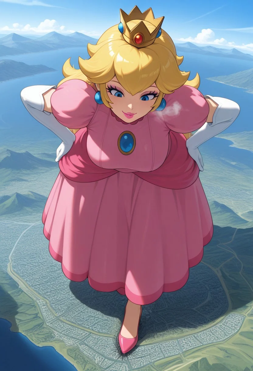 , giantess, full body view, foreshortening, foreshortening, Giantess,, giantess, from above, best quality, absurdres, 1girl, solo, hips, leaning forward, presenting foot, foot fetish, naughty smile
score_9,score_8_up,score_7_up,score_6_up , BREAK , makeup, lips, lipstick
from above,
extremely gigantic, really tall,steamy breath, steamy body,,
<lora:giantess-ponyxl-lora-nochekaiser:1> giantess, giant, city, building, outdoors, destruction,
outdoors, destruction, , giga size,landscape,planet size,mountain,river,cloud,sea,looking down, princess peach, sppeach, blonde hair, long hair, blue eyes, dress, pink dress, crown, earrings, elbow gloves, high heels
