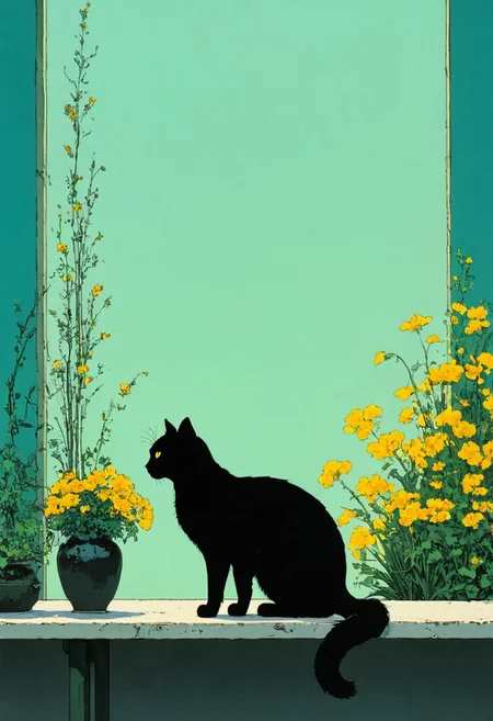 A minimalistic and artistic composition featuring a black cat sitting gracefully beside a small, weathered teal-colored table. On the table stands a transparent glass vase filled with tall, vibrant yellow flowers, their delicate blossoms spreading outward in a lush and organic arrangement. The cat, with its sleek black fur and piercing yellow eyes, sits calmly, its tail curling slightly on the ground. The background is a simple, soft green wall with a subtle texture, creating a harmonious contrast with the vibrant flowers and the dark silhouette of the cat. The overall atmosphere is serene and artistic, emphasizing simplicity, color contrast, and the quiet beauty of everyday moments.. (anime, cyberpunk, Moebius (Jean Giraud) Style page)