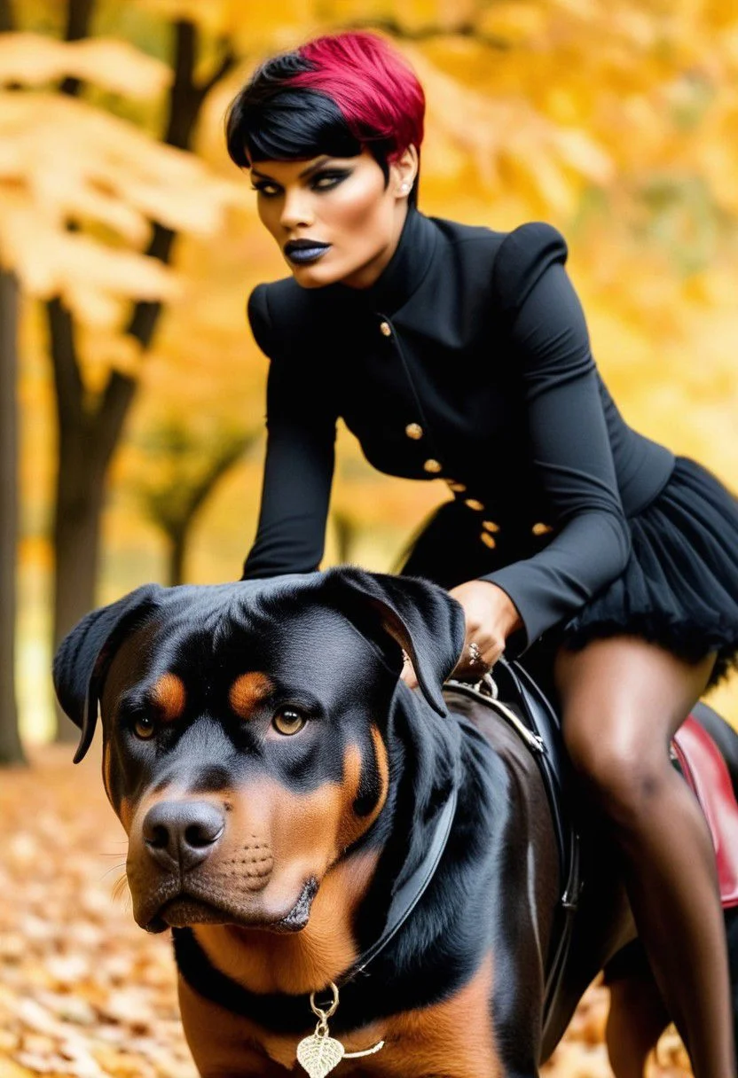 Fashion photography of a Natural supermodel Rottweiler-back riding, wearing fall fashion outfit, Two-Tone hair styled as Pixie, (by Signe Vilstrup:0.8) , (Hedi Slimane:1.0) , Fantasy, Christcore, dslr, Selective focus, CMYK Colors, close-up