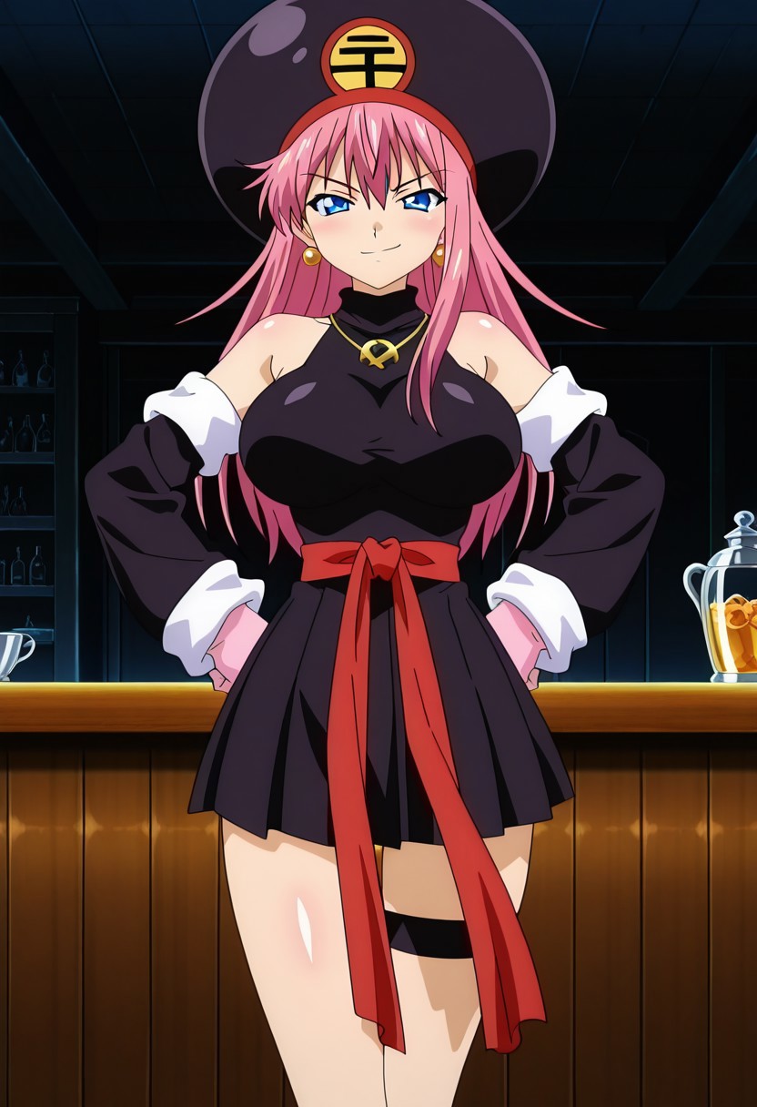 finetuneanime,anime screencap, official art, detailed anime, ultra detailed anime art, anime screencap, screencap, score 9, score 8 up, score 7 up, masterpiece, anime coloring, source anime,
BREAK
MionBase, 1girl, blue eyes, solo, pink hair, long hair, large breasts, curvy, fair skin, shiny skin, smoothy skin, fair skin, fair skin, NEGATIVE_HANDS, 
BREAK
black hat with symbol, detached sleeves, short dress, black dress, dress tug, bare shoulders, pink gloves, sleeveless, red long sash, sleeveless dress, jewelry, golden bead earrings, necklace, golden ornament on necklace, leg warmers, loose socks, black shoes, thigh strap with heart, pleated skirt, shiny skin, smoothy skin, 
BREAK
cowboy shot, standing, hands on hips. smirk, posing, sensual pose, bar, dark room, indoor, bar counter, detailed background,