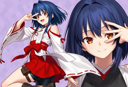 score_8, score_8_up, score_9, femboy, ((Amber Eyes)), very small breasts, dark blue hair, big ass, ((medium hair)), BRAEK ((very much long sidelocks)), ((hair intakes:1.5)), fair skin, very short stature, innocence, adorable, Masterpiece, top quality, very detailed eyes, very detailed hair, solo, ((bike shorts under skirt)), Thigh Pouch strap, nontraditional miko, shoulder cutout, hakama short skirt, Black laced boots, Black ankle boots, smile, happy, one v over eye, looking at viewer, standing, light close-up on the face, el3gymaster,