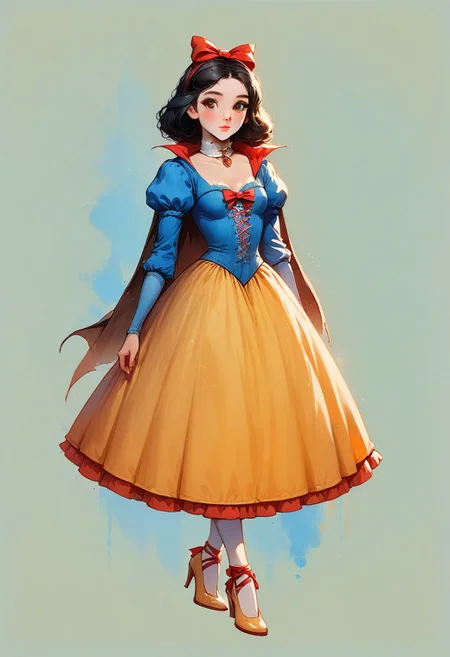Faded Headshot, faded bottom, faded edges ,score_9,score_8_up,score_7_up,score_6_up,score_5_up, rating_safe,
1girl, Snowwhite, Disney, \(Snow White and the Seven Dwarfs\)/,(ultra HD quality details), brown eyes, black hair, bobbed hair, pale skin, rosy red lips, rosy cheeks
blue sleeves with red slashing, puffy sleeves, yellow skirt, laced petticoat, white stockings, dress, white collar,
brown cape with a red interior, bow-like ribbon, long skirt, high-heeled shoes, yellow shoes,
(skinny), cute, firm breasts, (petite girl), pretty girl, vivid colors,
beautiful, centered, looking at the camera, approaching perfection, dynamic, moonlight, highly detailed, watercolor painting, artstation, concept art, smooth, sharp focus, illustration,
small breasts, deep cleavage,