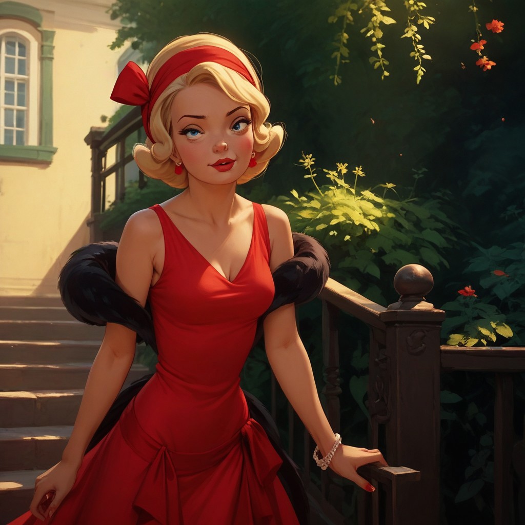 score_9, score_8_up, score_7_up, score_6_up, score_5_up, score_4_up, CLaBouff, 1 girl, blond hair, red 50s dress