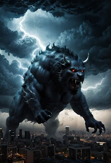 black clouds, rain, lightening, dark, night, ( beast appears from the rolling cloud), The beasts looks down as he towers above the city below, DEVIL SPAWN