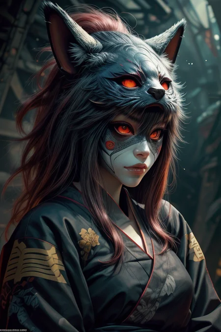 1 girl,box lady,fox tails,fox ears,bamboo forest,red hair,evil grin,glowing eyes,yellow eyes,hanbok,
<lora:Concept_-_Hella-sthetic_v2:0.7>,wrenchsfantasy,fantasy,glowing,glowing eyes,(at distance,the full and whole body,full length shot:1.3),(yokai mask:1.4),, intricate, elegant, highly detailed, symmetry, magical atmosphere, sharp focus, majestic, very coherent, radiant, advanced, cinematic, artistic, fine detail, winning, beautiful, stunning, dramatic light, designed, rich deep colors, perfect professional background, ambient, tailored set composition