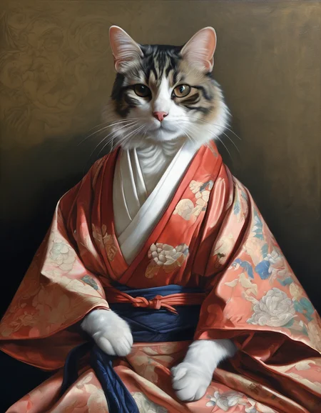 A cat is sitting in a kimono, in the style of renaissance - inspired chiaroscuro, hyper - realistic portraiture, nicolas mignard, old master influenced fantasy, portraitures with hidden meanings, dom qwek, art of burma