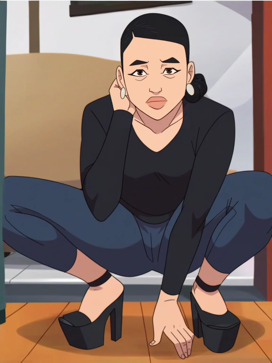 <lora:Debbie_G:0.9> db_gr, 1girl, asian, black bun hair, earrings, wrinkles under eyes, brown eyes, looking at viewer, squatting, front view, spreading legs, platform heels, score_9, score_8_up, score_7_up,