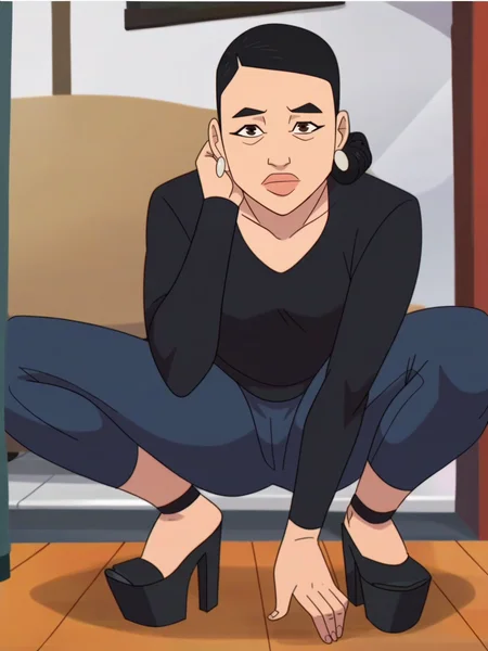 <lora:Debbie_G:0.9> db_gr, 1girl, asian, black bun hair, earrings, wrinkles under eyes, brown eyes, looking at viewer, squatting, front view, spreading legs, platform heels, score_9, score_8_up, score_7_up,