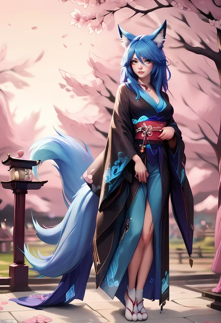 zPDXL,ra1ju, blue fox tail, full body, cherry blossom garden, <lora:Monster_Girl_Encyclopedia_MGE_-_Raiju_-_PDXL:1>