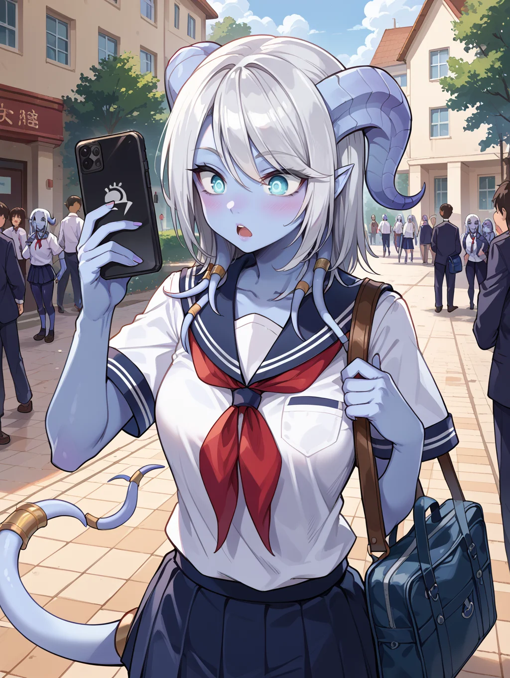 score_9, score_8_up, score_7_up,source_anime,BREAK,
yrel, draenei, silver hair, blue skin, jewelry, school uniform, surprised, school bag, shoulder bag, holding phone,
<lora:yrel:1>
