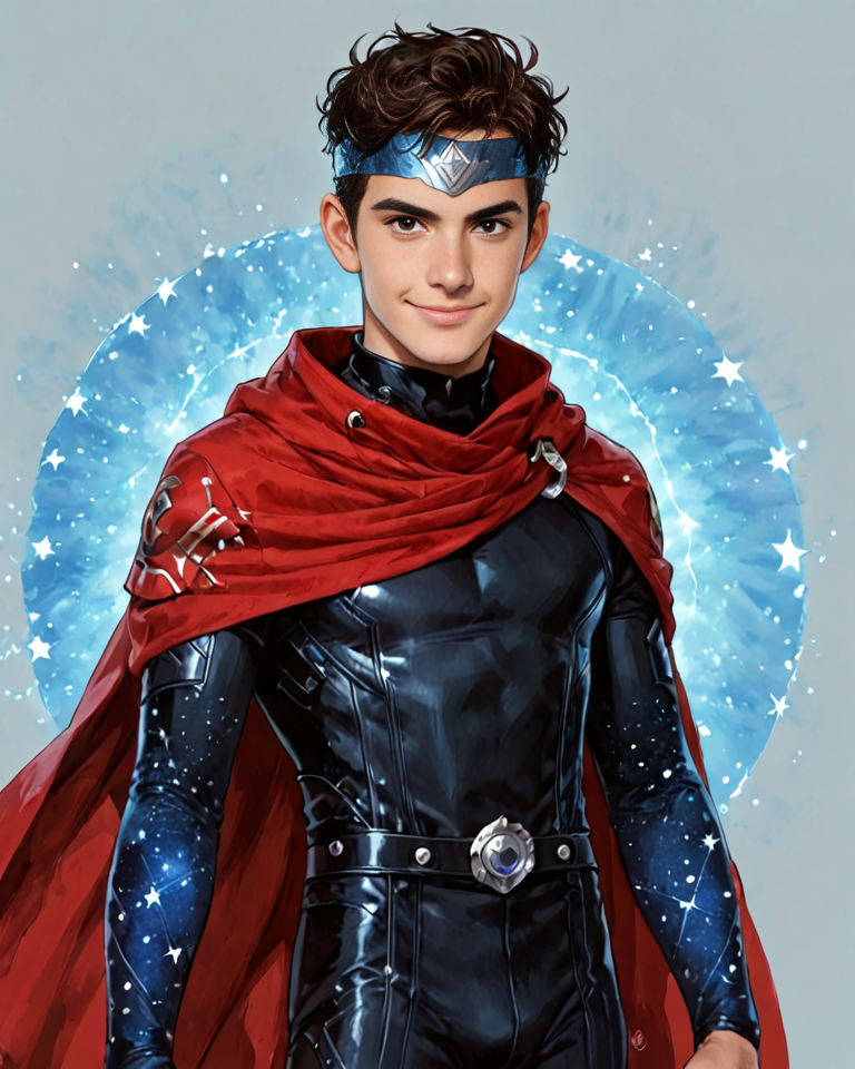 <lora:Wiccan:0.5>, source_anime,
1boy(billy_maximoff, red cloak, forehead protector, starry bodysuit, cowboy shot, slight smile, looking at the viewer), blue aura, glow light on his hands, galaxy pattern,
<lora:Expressive_H:1> expressiveh, male, solo,
Masterpiece, Best Quality, high quality cg, 1boy, male focus, solo, manly, dynamic pose, adult, grown up, ((male))
thunder background, dynamic pose,
 <lora:add_detail:1> <lora:Cute_Cartoon_ArtStyle:1>